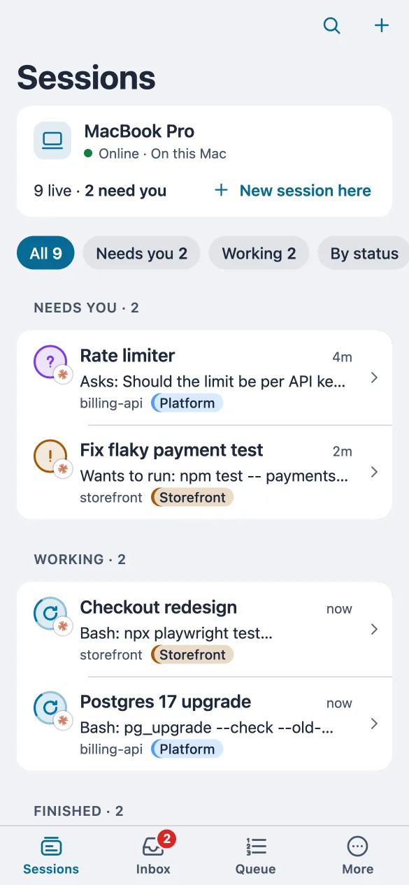 The phone app listing sessions, with the ones waiting for an approval or an answer at the top.