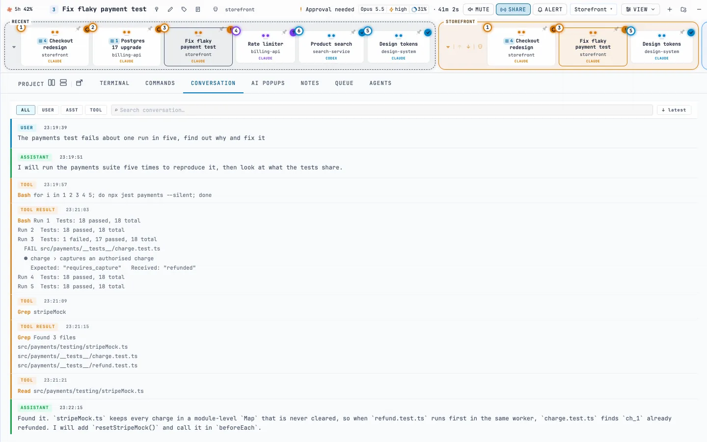 A session open in AASC: the conversation so far, with the model, effort and context usage in the header.